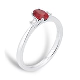 Goldsmiths Platinum Oval Cut Ruby and Diamond Three Stone Engagement Ring