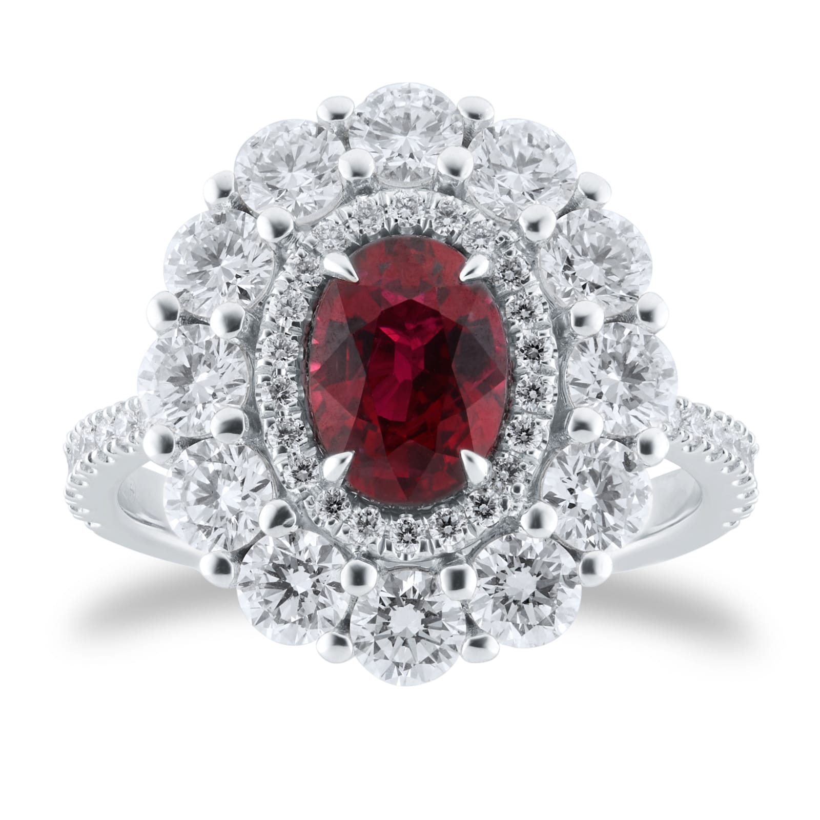 Mappin & Webb Platinum Oval Cut Ruby & 1.74cttw Diamond Ring