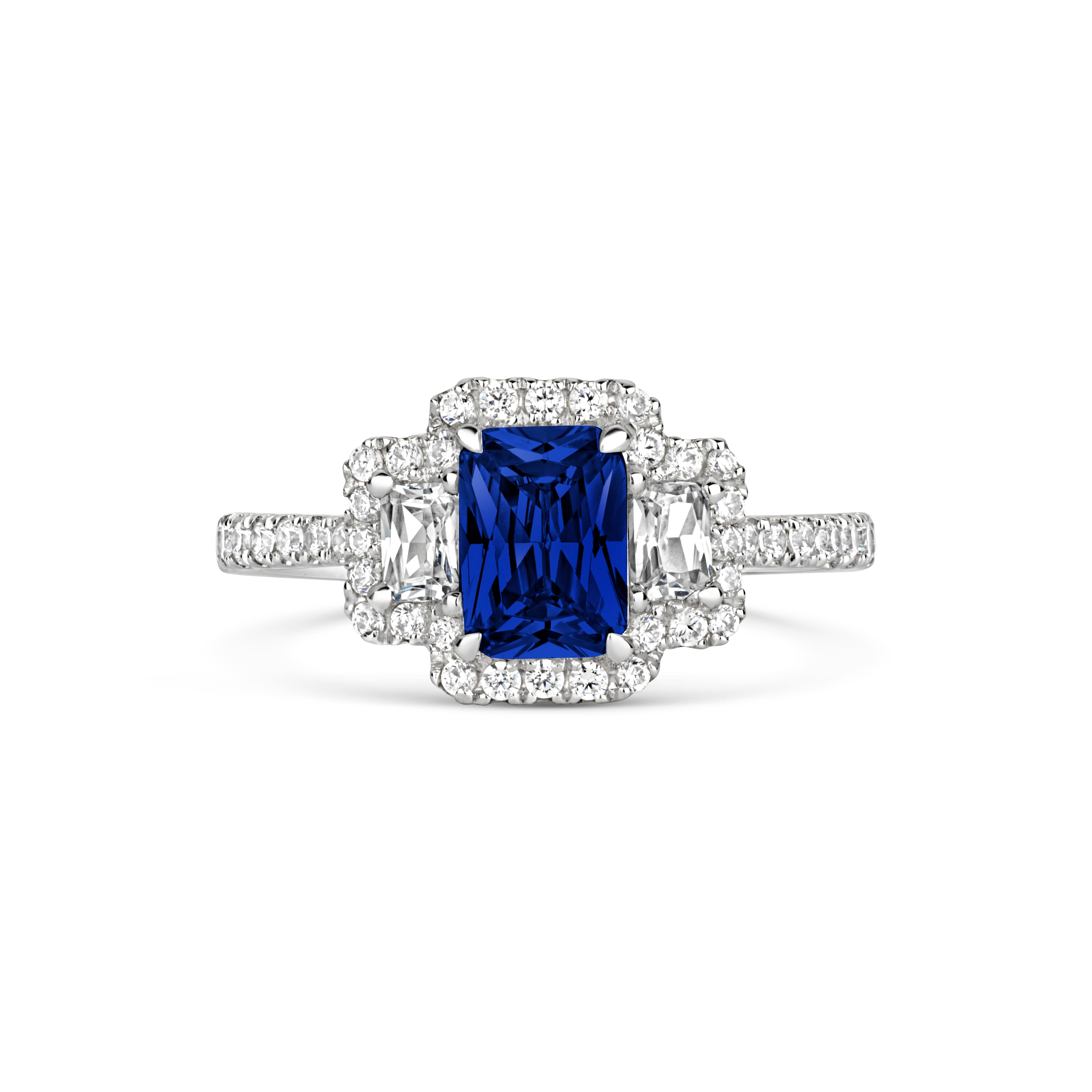 Amelia Platinum Three Stone Emerald Cut Sapphire and Diamond Ring - Ring Size N