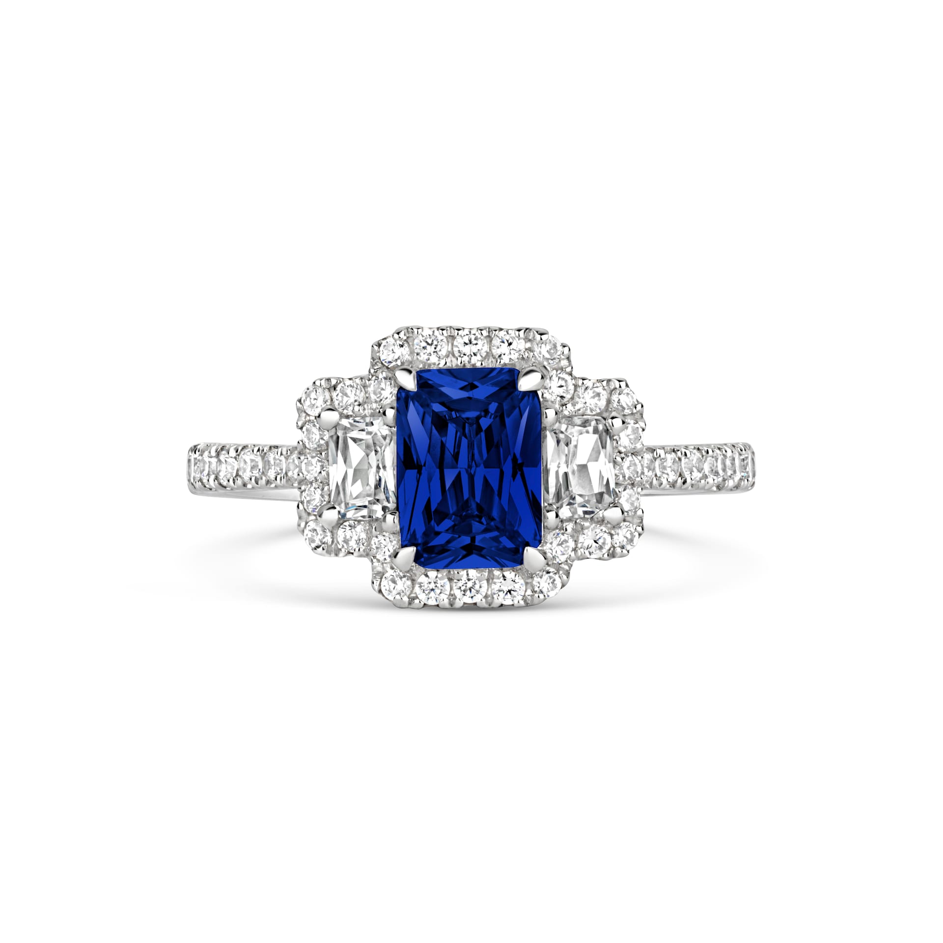 Mappin & Webb Amelia Platinum Three Stone Emerald Cut Sapphire and Diamond Ring