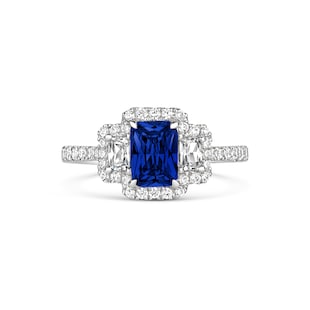 Mappin & Webb Amelia Platinum Three Stone Emerald Cut Sapphire and Diamond Ring