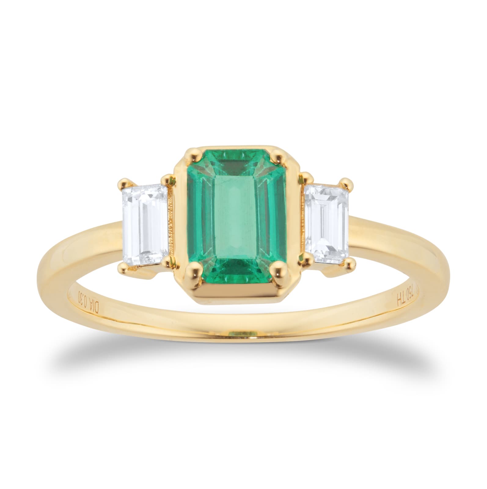 Goldsmiths 18ct Yellow Gold Emerald and 0.30cttw Diamond Three Stone Engagement Ring