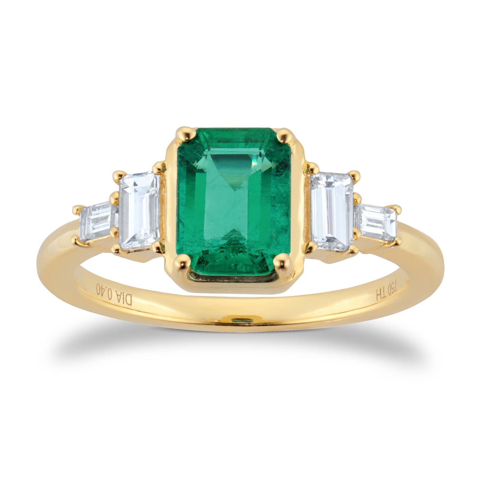 18ct Yellow Gold 8x6 Emerald and 0.40cttw Baguette Cut Diamond Ring - Ring Size O