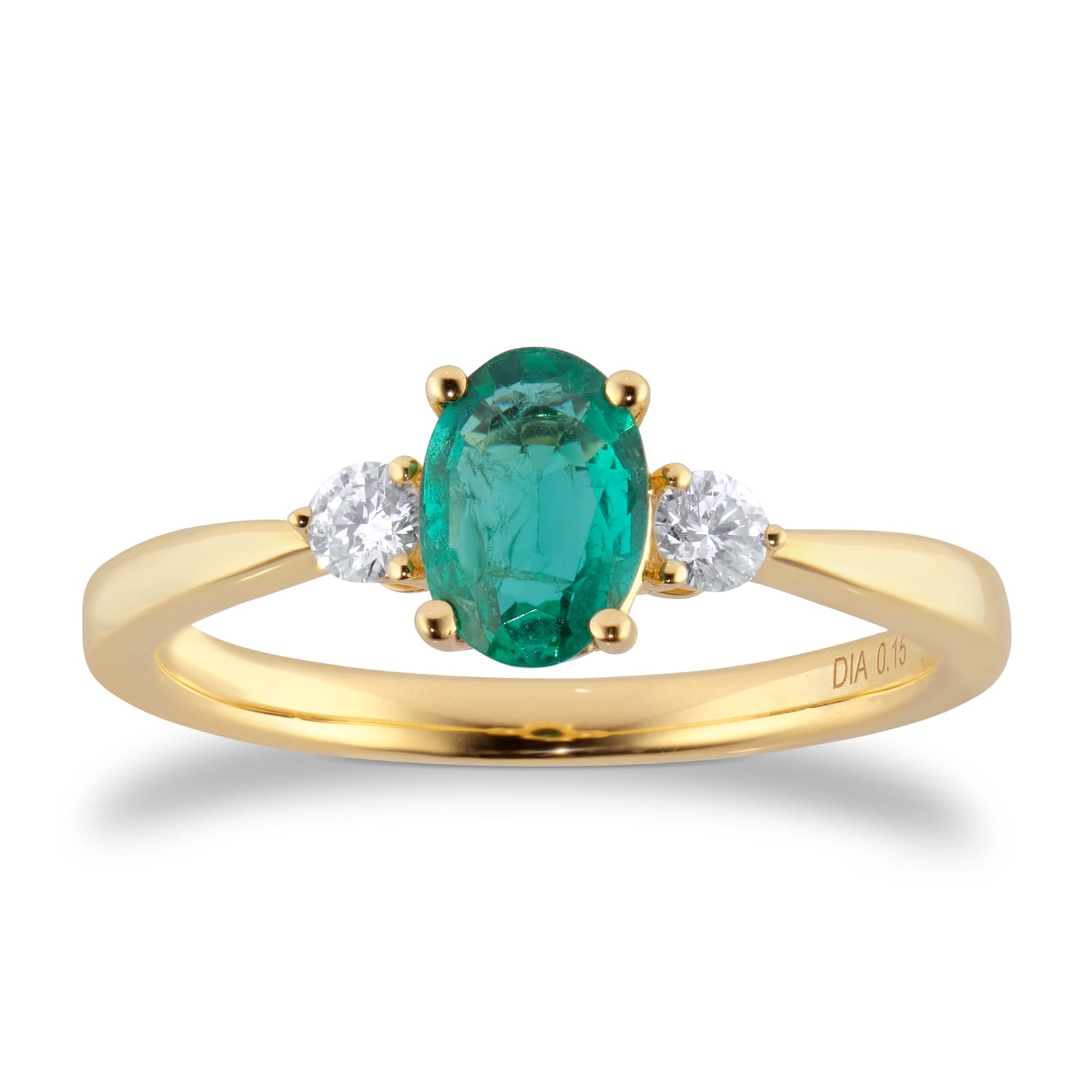 Goldsmiths 18ct Yellow Gold Oval Cut Emerald and 0.15cttw Diamond Three Stone Engagement Ring Goldsmiths 18ct Yellow Gold Oval Cut Emerald and 0.15cttw Diamond Three Stone Engagement Ring
