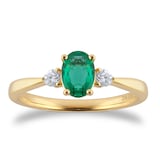 Goldsmiths 18ct Yellow Gold Oval Cut Emerald and 0.15cttw Diamond Three Stone Engagement Ring