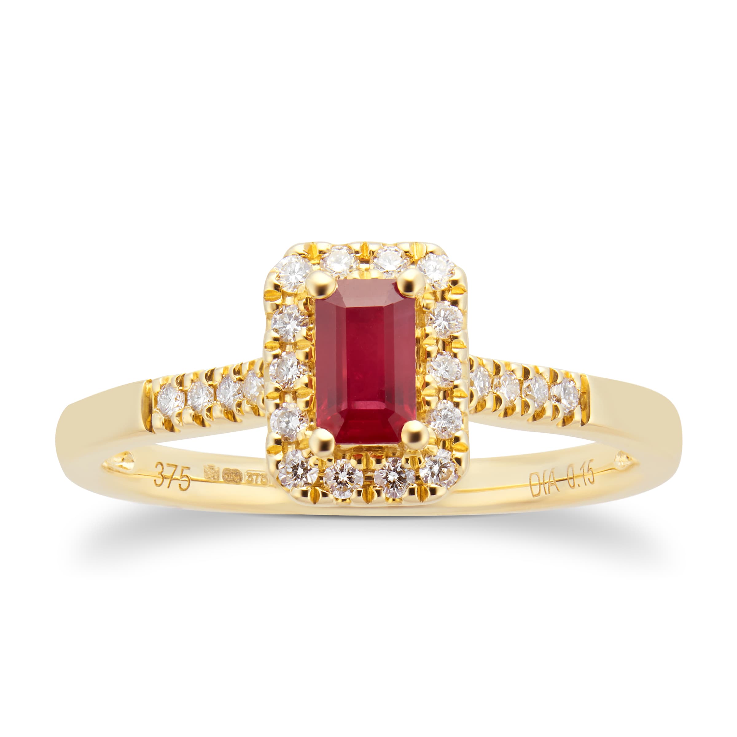 9ct Yellow Gold Ruby Emerald Cut Halo Ring - Ring Size M