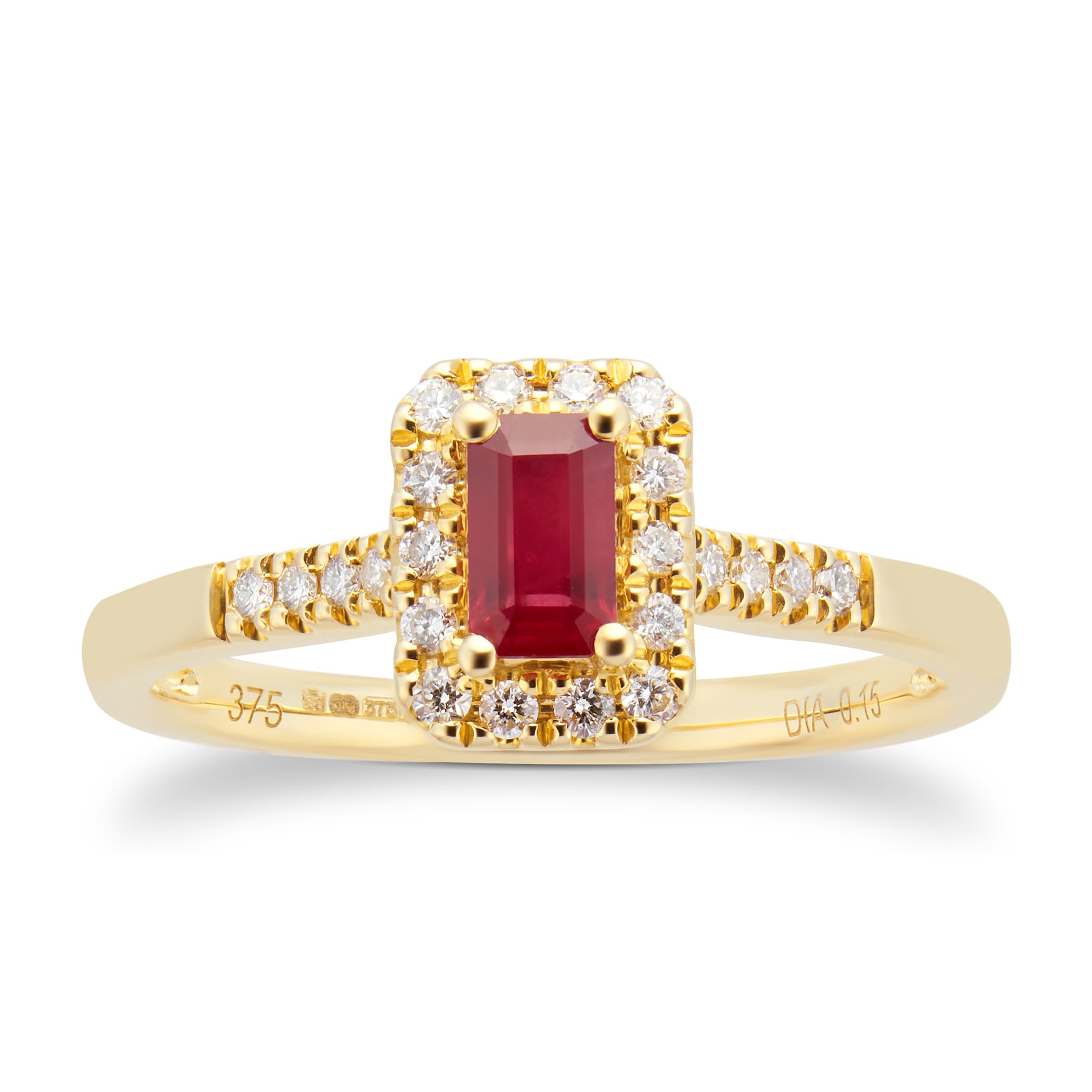 Goldsmiths 9ct Yellow Gold Ruby Emerald Cut Halo Ring - Ring Size W Goldsmiths 9ct Yellow Gold Ruby Emerald Cut Halo Ring - Ring Size W