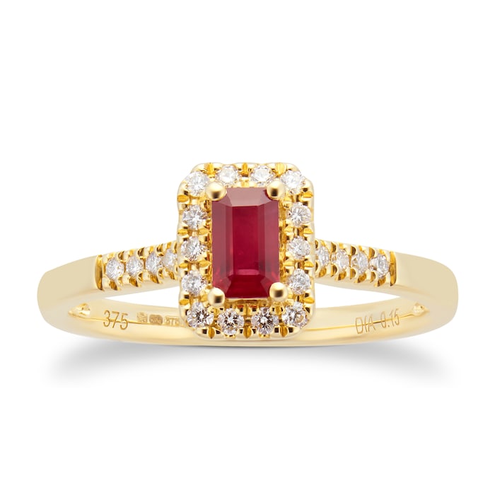 Goldsmiths 9ct Yellow Gold Ruby Emerald Cut Halo Ring