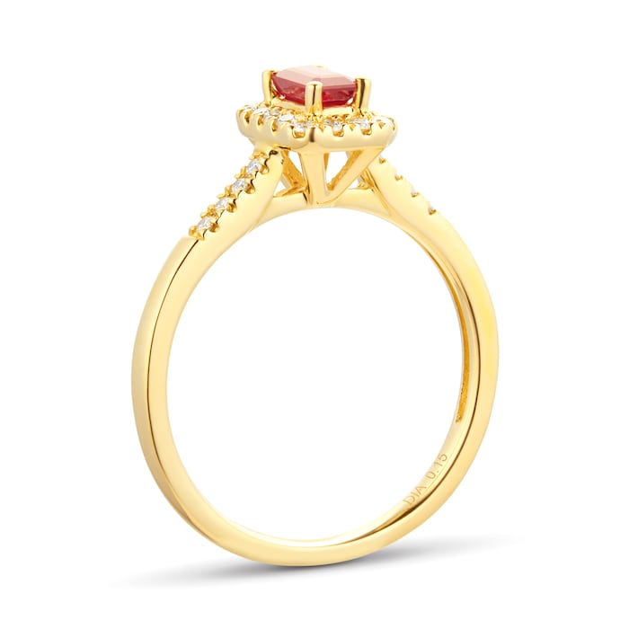 Goldsmiths 9ct Yellow Gold Ruby Emerald Cut Halo Ring
