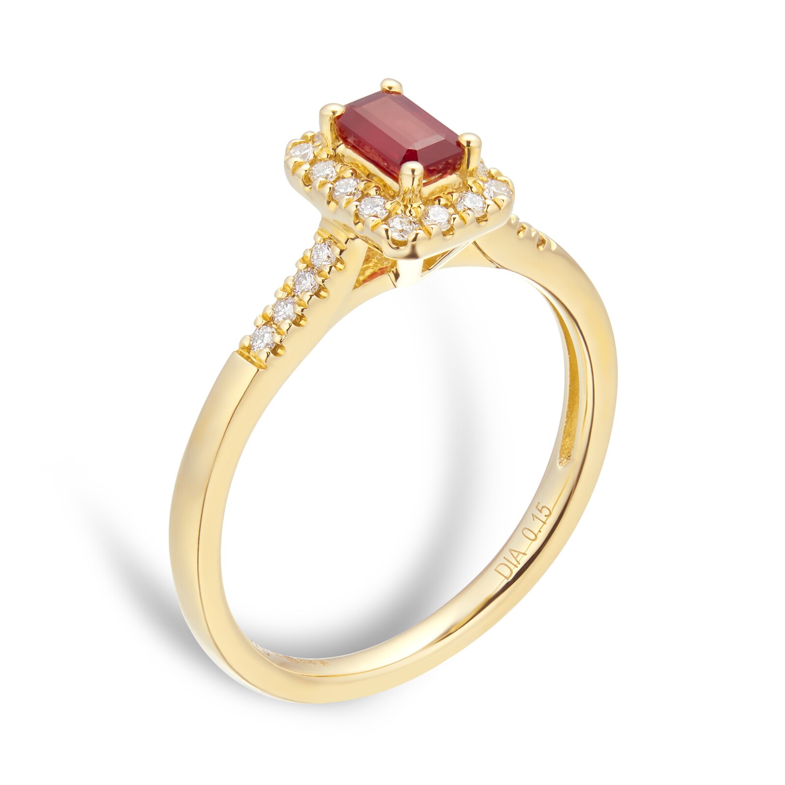 Goldsmiths 9ct Yellow Gold Ruby Emerald Cut Halo Ring RA3679RSF9KY ...