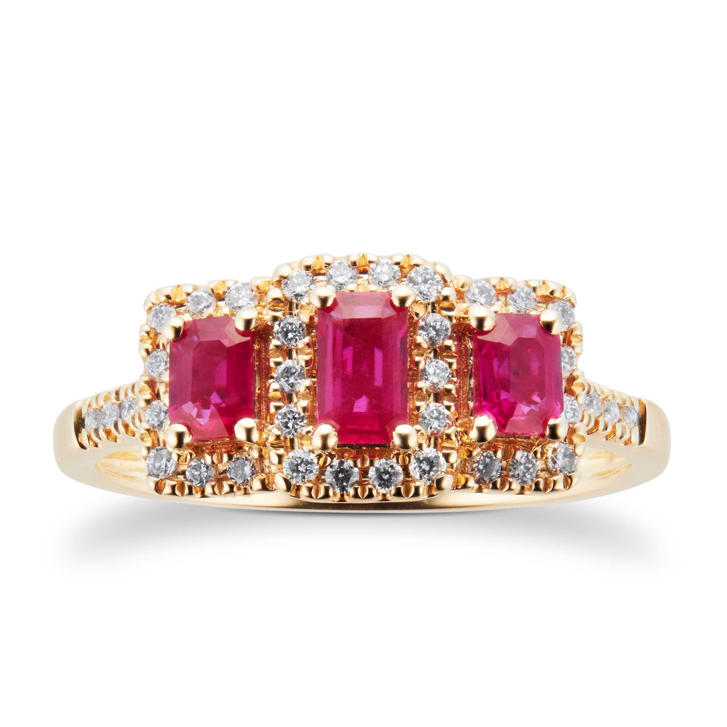 Ruby and Diamond Three Stone Ring in 9ct Yellow Gold - Ring Size J