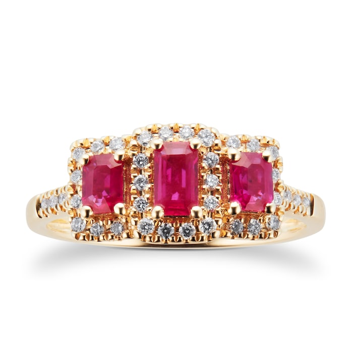 Goldsmiths Ruby and Diamond Three Stone Ring in 9ct Yellow Gold - Ring Size M