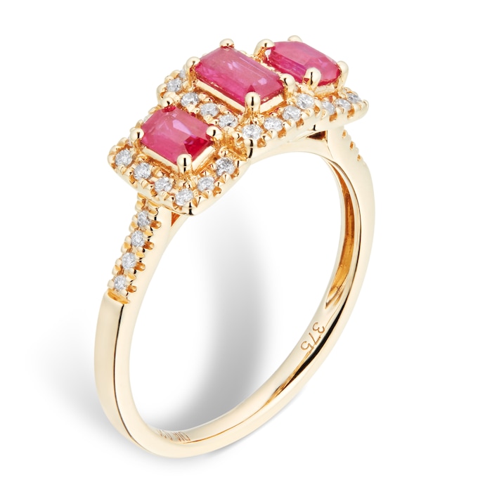 Goldsmiths Ruby and Diamond Three Stone Ring in 9ct Yellow Gold - Ring Size L