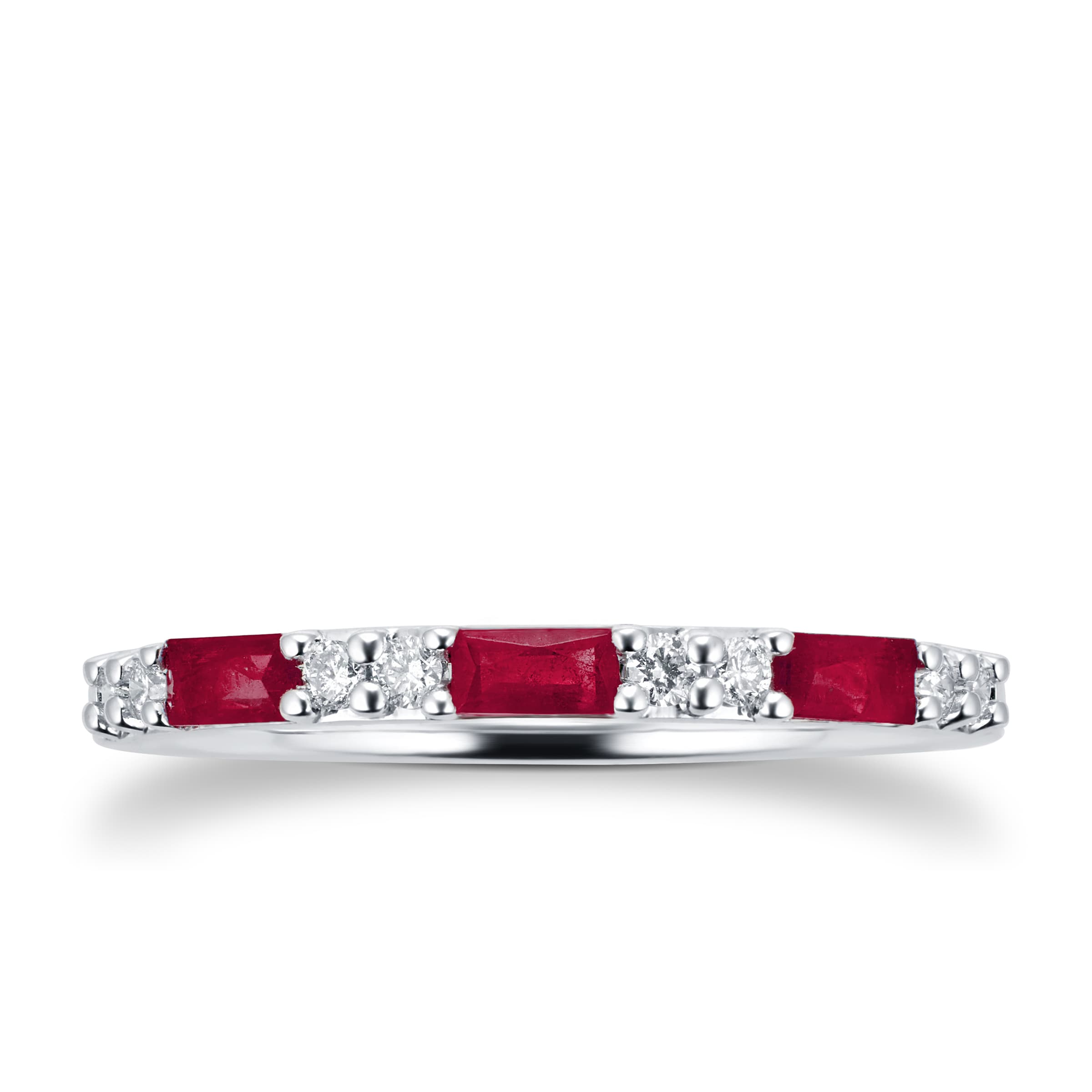 9ct White Gold Baguette Cut Ruby & Diamond Eternity Ring - Ring Size K