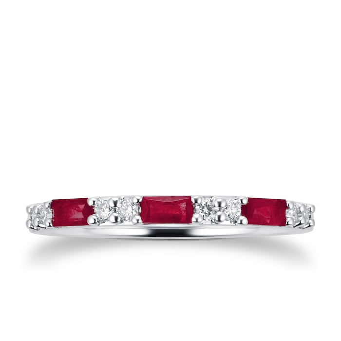 Goldsmiths 9ct White Gold Baguette Cut Ruby & Diamond Eternity Ring - Ring Size N