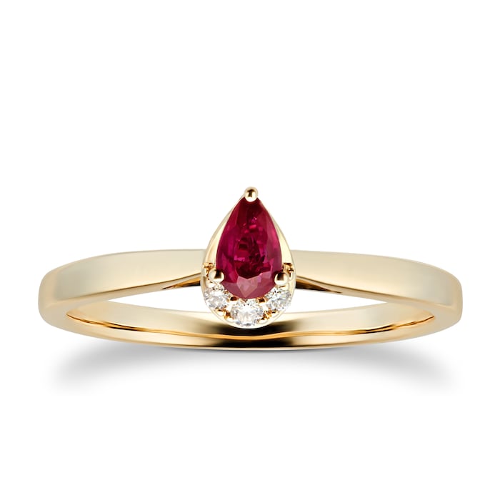 Goldsmiths 9ct Yellow Gold Pear Cut Ruby & Diamond Ring - Ring Size J