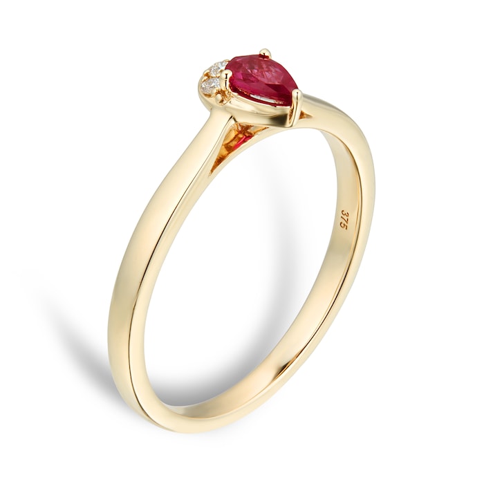Goldsmiths 9ct Yellow Gold Pear Cut Ruby & Diamond Ring - Ring Size T