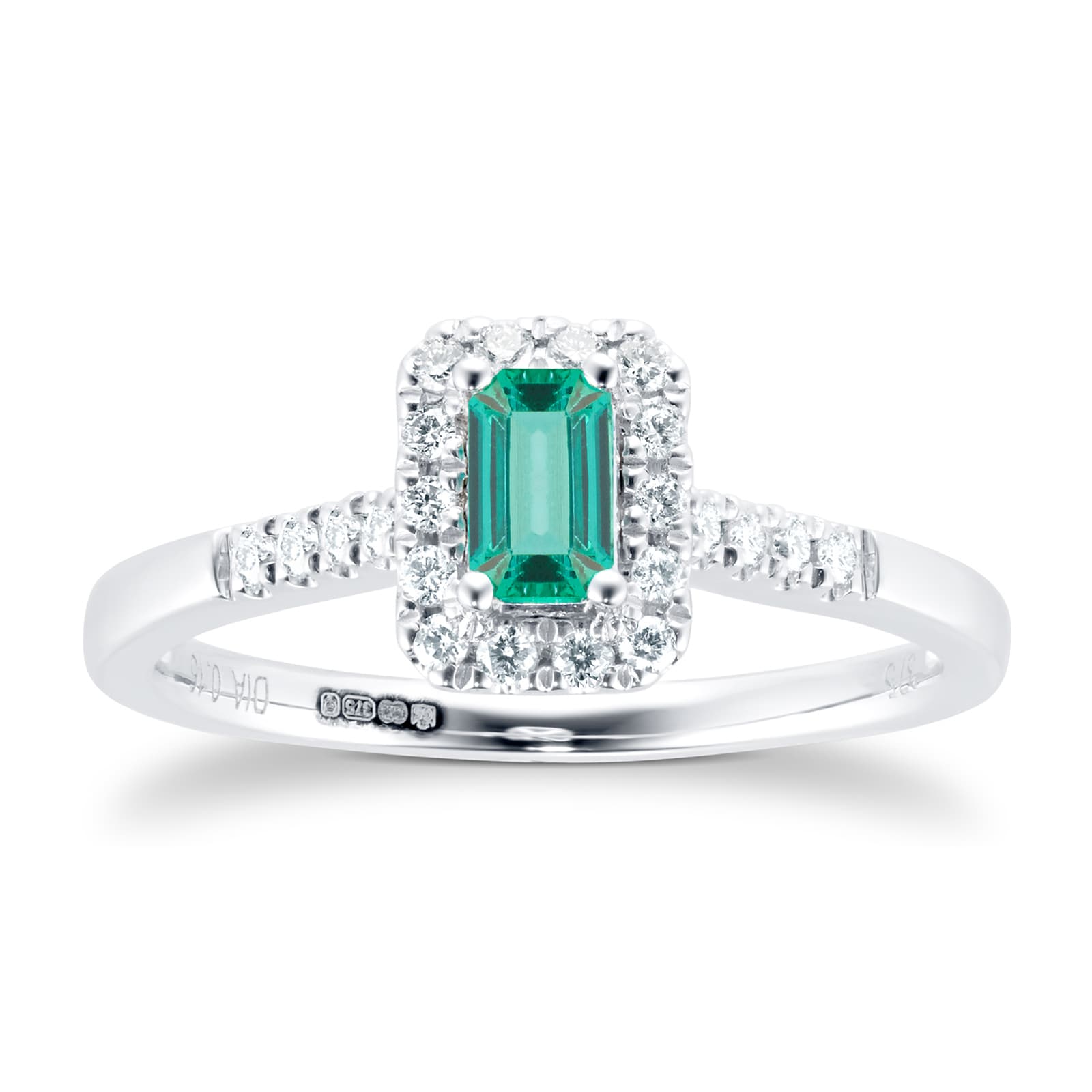 9ct White Gold Emerald & Diamond Halo Ring - Ring Size O
