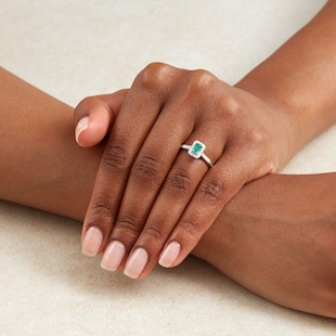 Goldsmiths 9ct White Gold Emerald & Diamond Halo Ring