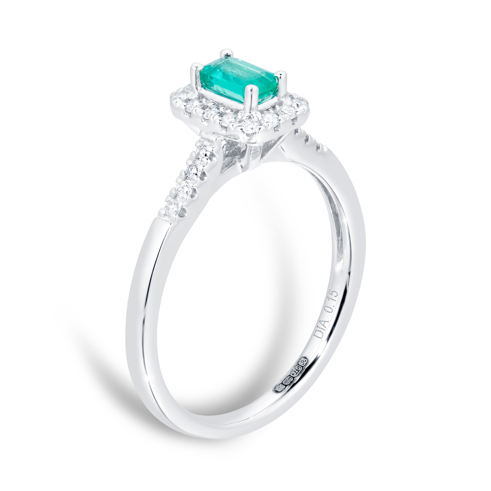 Goldsmiths 9ct White Gold Emerald & Diamond Halo Ring Goldsmiths 9ct White Gold Emerald & Diamond Halo Ring