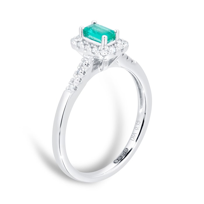 Goldsmiths 9ct White Gold Emerald & Diamond Halo Ring