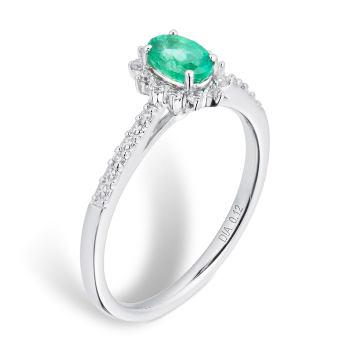 Goldsmiths Emerald and 0.12ct Diamond Ring in 9ct White Gold