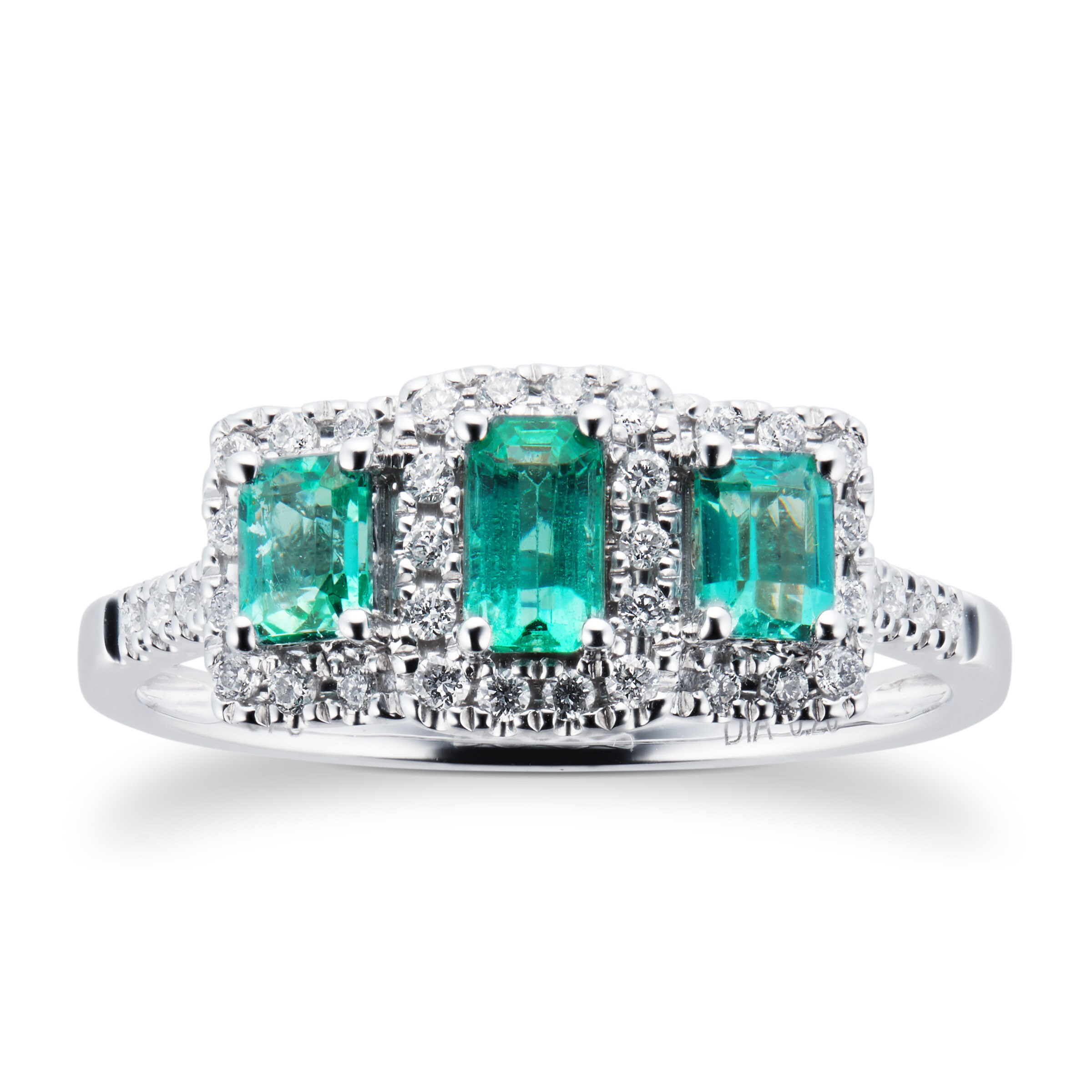 Emerald and Diamond Three Stone Ring in 9ct White Gold