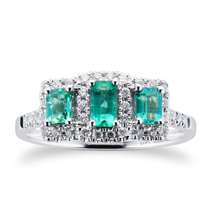 Goldsmiths Emerald and Diamond Three Stone Ring in 9ct White Gold