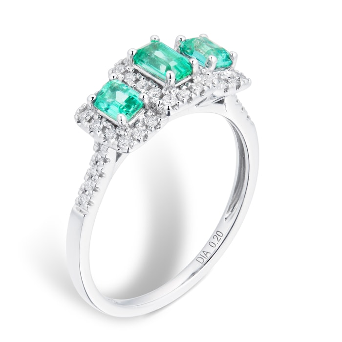 Goldsmiths Emerald and Diamond Three Stone Ring in 9ct White Gold