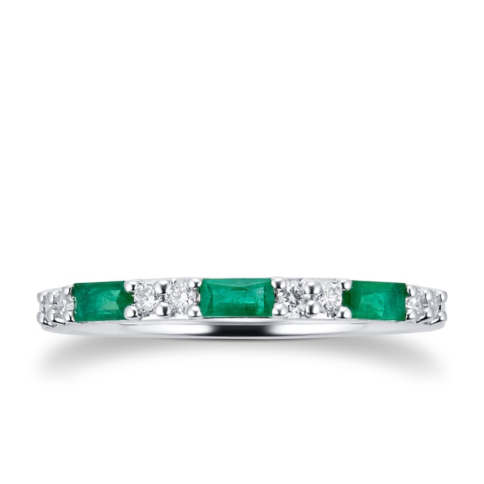 Goldsmiths 9ct White Gold Baguette Cut Emerald & Diamond Eternity Ring