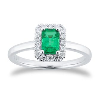 Mappin & Webb Platinum 6mm x 4mm Emerald & 0.14cttw Diamond Halo Ring