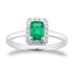 06190067 - Platinum 6mm x 4mm Emerald & 0.14cttw Diamond Halo Ring