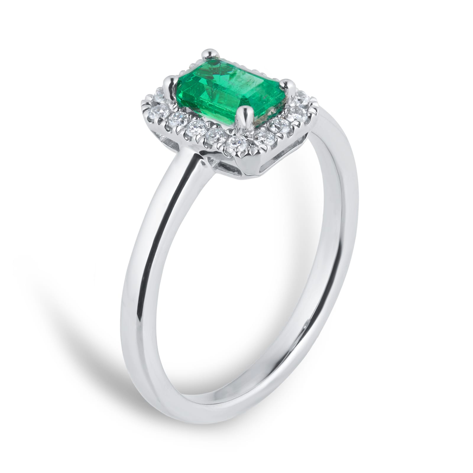 Mappin & Webb Platinum 6mm x 4mm Emerald & 0.14cttw Diamond Halo Ring