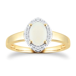 Goldsmiths Oval Cut Opal And Diamond Set Ring In 9 Carat Yellow Gold