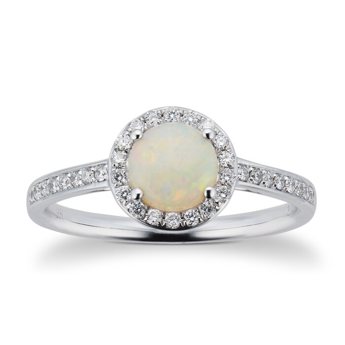 Goldsmiths 9ct White Gold 5.5mm Opal And Diamond 0.15ct Halo Ring
