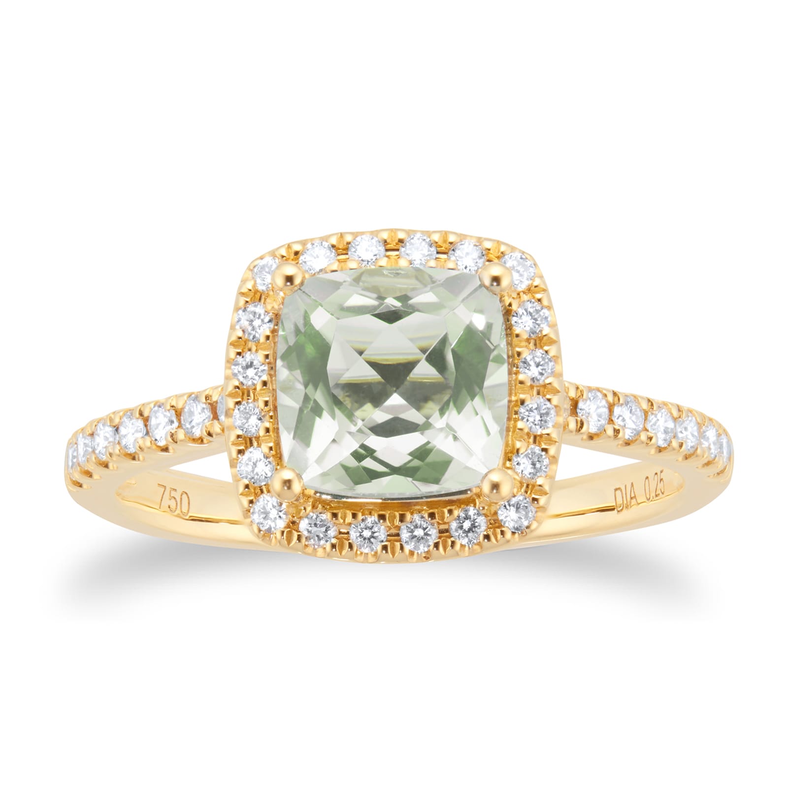 18ct Yellow Gold 0.25ct Diamond Halo & Green Amethyst Ring - Ring Size J