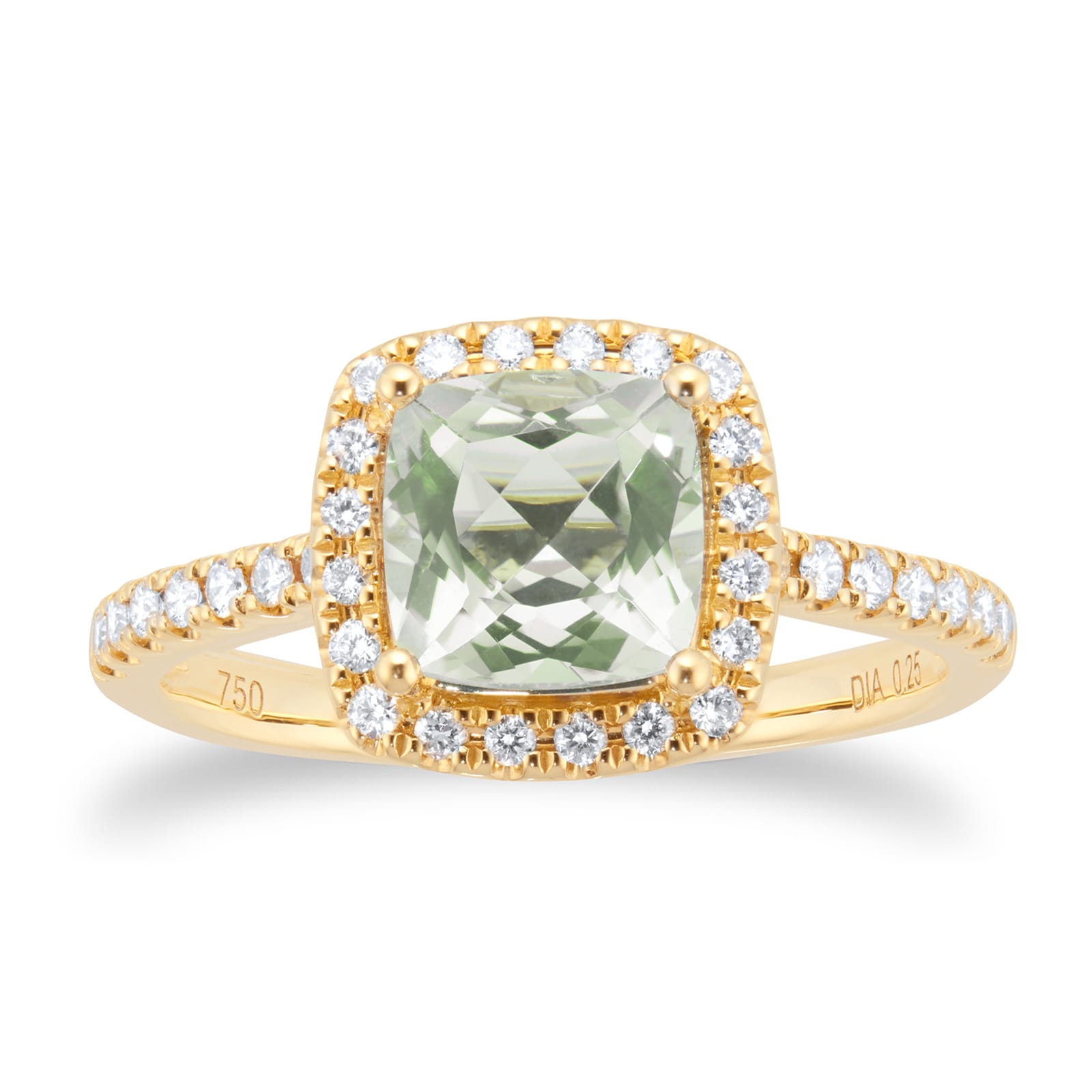 Goldsmiths 18ct Yellow Gold 0.25ct Diamond Halo & Green Amethyst Ring Goldsmiths 18ct Yellow Gold 0.25ct Diamond Halo & Green Amethyst Ring