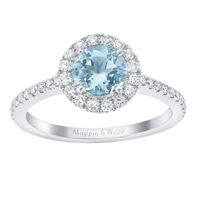 Mappin & Webb Carrington 18ct White Gold 6mm Aquamarine And 0.30cttw Diamond Ring