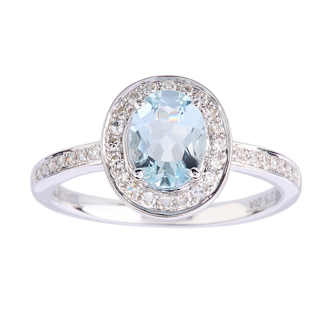 Oval Aquamarine And Diamond Ring In 9 Carat White Gold - Ring Size X.5