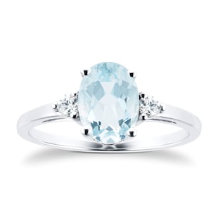 Goldsmiths 9 Carat White Gold Aquamarine With 0.11ct Diamond Oval Ring