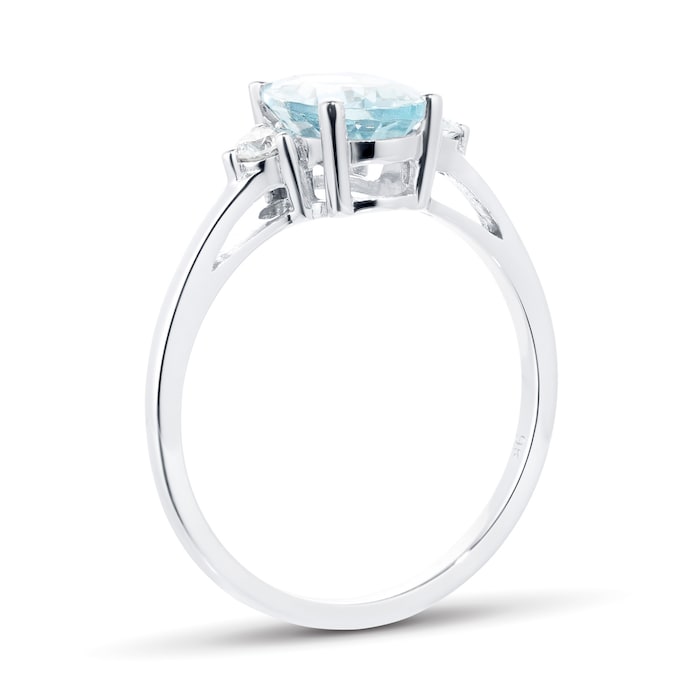 Goldsmiths 9 Carat White Gold Aquamarine With 0.11ct Diamond Oval Ring