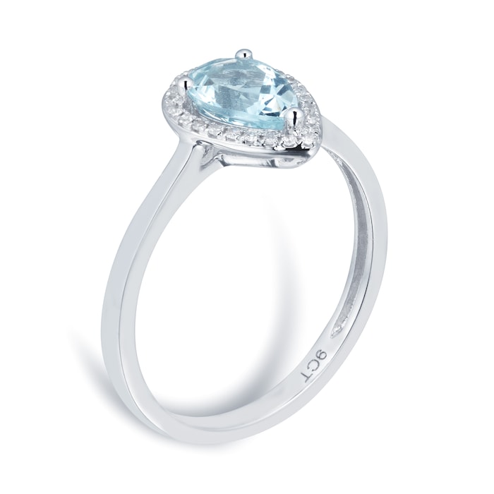 Goldsmiths 9ct White Gold Aquamarine & Diamond 0.072ct Pear Ring