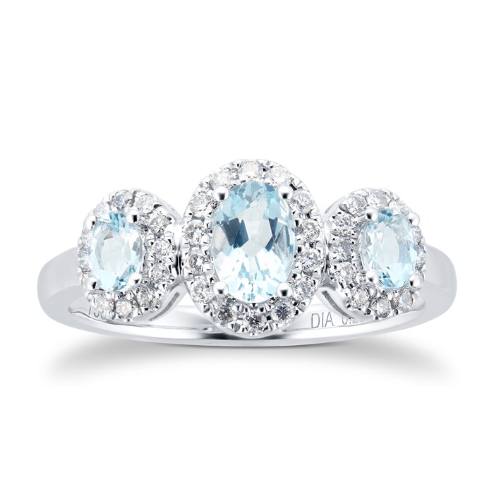 Goldsmiths 18ct White Gold Three Stone Aquamarine & Diamond Ring