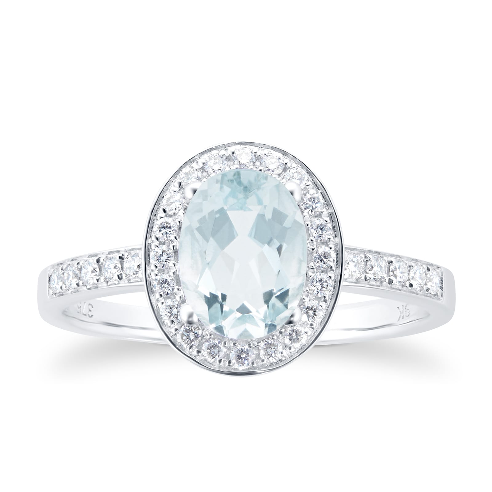 9ct White Gold Aquamarine & Diamond Halo Ring - Ring Size O