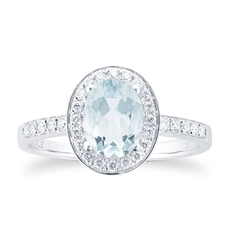 Goldsmiths 9ct White Gold Aquamarine & Diamond Halo Ring Goldsmiths 9ct White Gold Aquamarine & Diamond Halo Ring