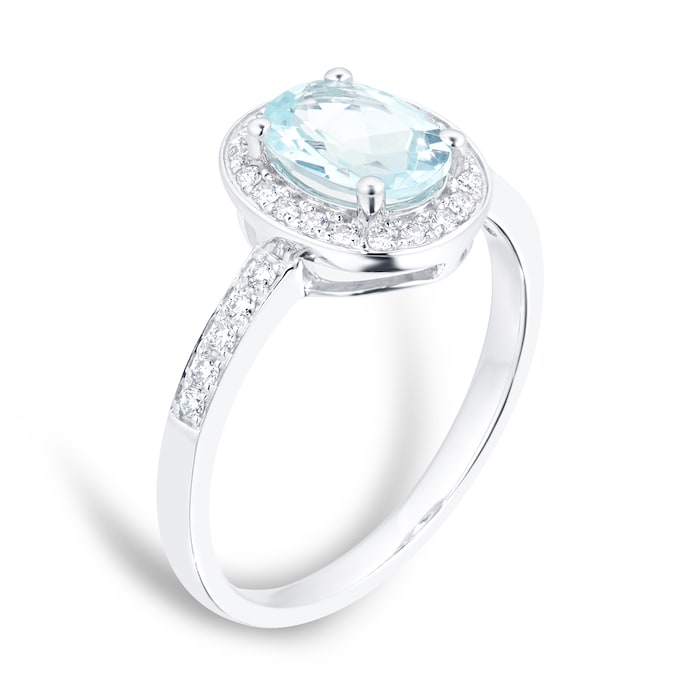 Goldsmiths 9ct White Gold Aquamarine & Diamond Halo Ring