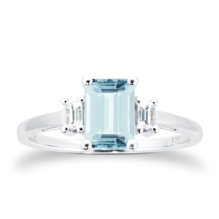 Goldsmiths 9ct White Gold Aquamarine & 0.12cttw Diamond Emerald Cut Ring