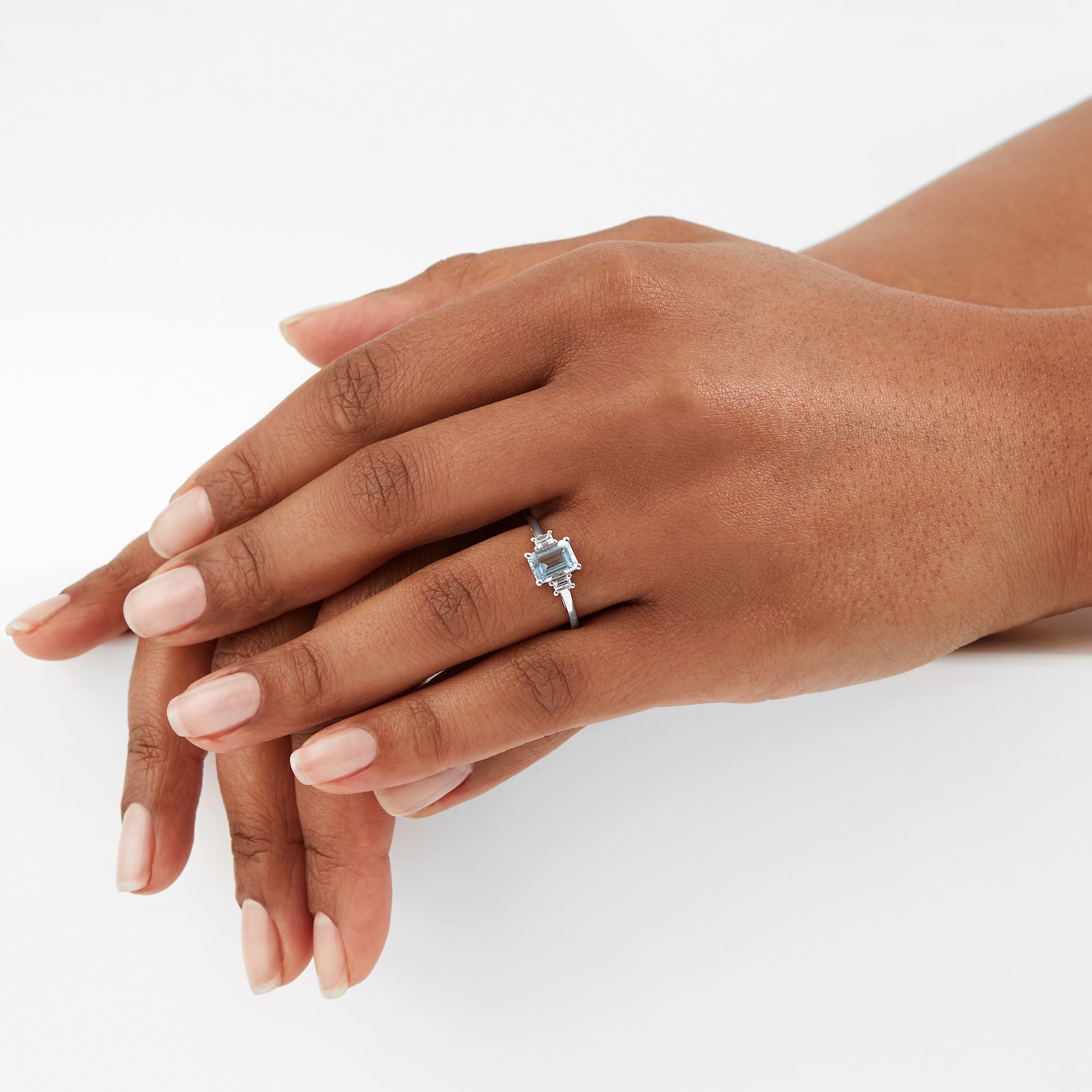 Goldsmiths 9ct White Gold Aquamarine & 0.12cttw Diamond Emerald Cut Ring Ring Size Q 83417R001