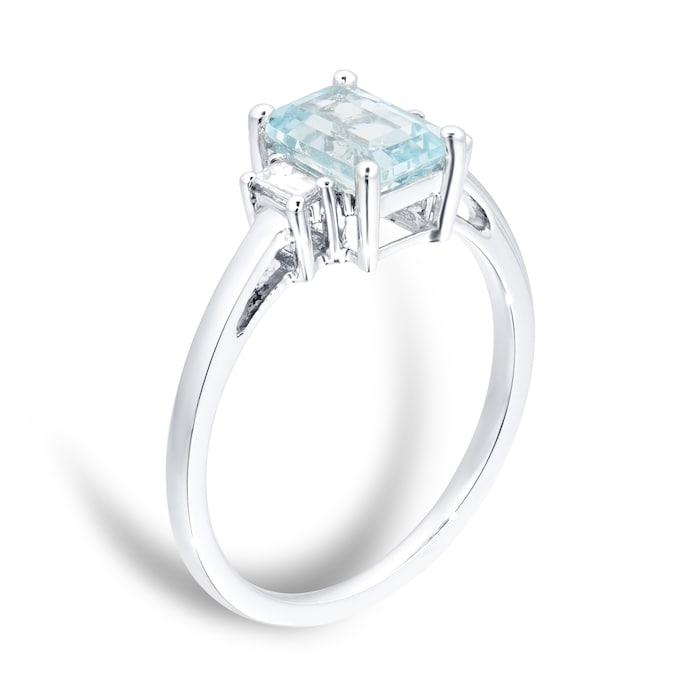 Goldsmiths 9ct White Gold Aquamarine & 0.12cttw Diamond Emerald Cut Ring