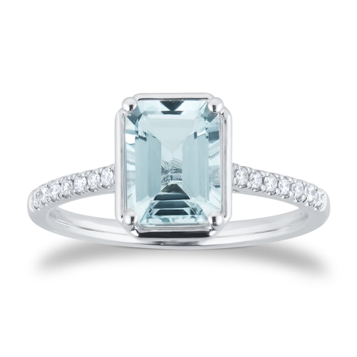 Goldsmiths 18ct White Gold Emerald Cut Aquamarine and 0.10cttw Diamond Ring